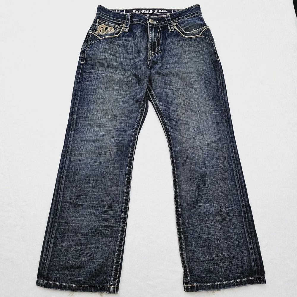 Express Mens 33W 30L Jeans Blake Loose Boot Blue Denim‎ Y2K Streetwear Grunge